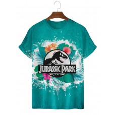 Jurassic Park Logo and Tropical Flower Short Sleeve T-Shirt