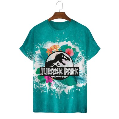 Jurassic Park Logo and Tropical Flower Short Sleeve T-Shirt