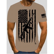 Men Casual American Flag Gun Print Khaki T-shirt