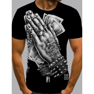 Men Street O Neck Print Black T-shirt